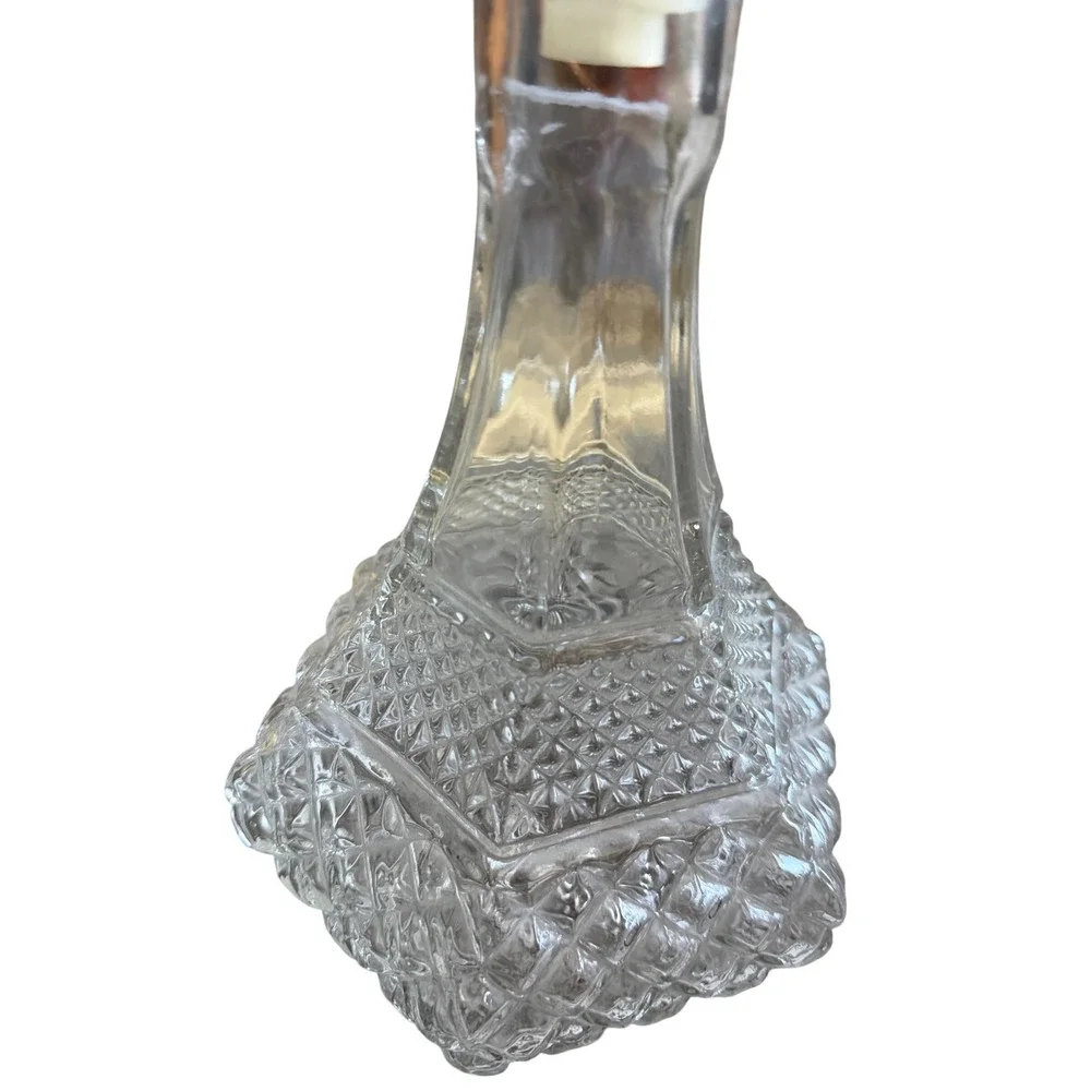 Vintage Clear Pressed Glass Decanter Diamond Point Hexagon Barware with Stopper